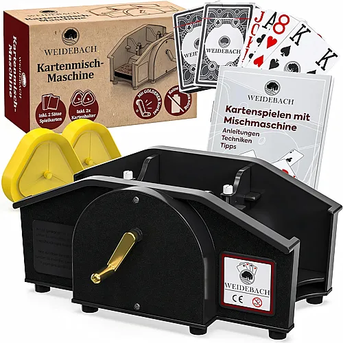 Weidebach Schwarze Kartenmischmaschine mit Goldener Kurbel f�r alle Standard Kartenspiele, Kartenmischer mit 2X Kartenspielen & Ersatzkurbel, Karten Mischger�t mit Buch f�r lustige Spieleabende