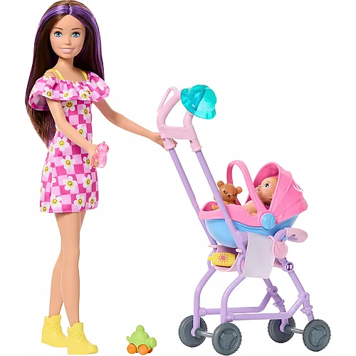 Spielset mit br�netter Puppe, Blonder Babypuppe, Kinderwagen mit abnehmbarem Autositz