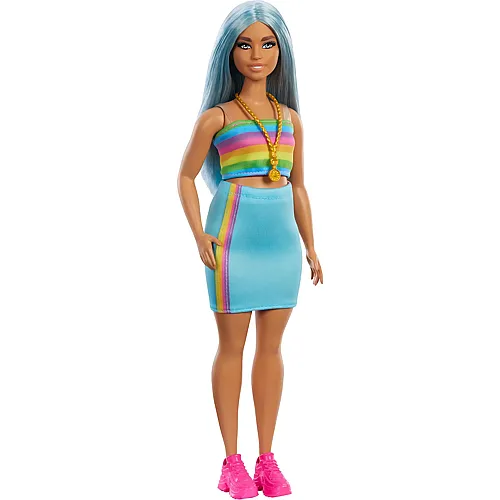 Barbie Fashionistas Puppe mit Langen, blauen Haaren, Regenbogenoberteil und trkisfarbenem Rock