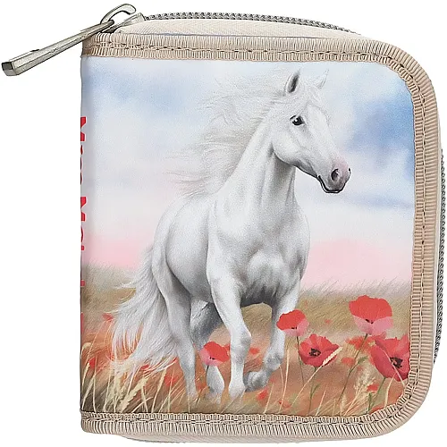 Depesche Miss Melody Poppy Sand - Portemonnaie in Beige und Blau, mit Pferde Motiv und Mohnblumen, Geldb�rse mit Druckknopf