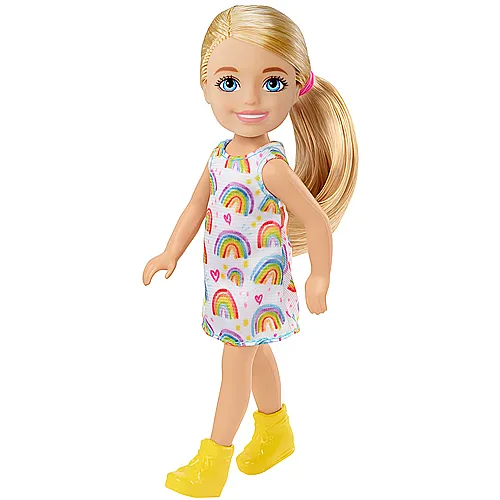 Puppe im Regenbogenkleid mit blonden Haaren