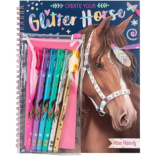Depesche Miss Melody Create your Glitter Horses - Malbuch mit 30 Seiten zum Gestalten von Pferde-Motiven, inkl. 6 glitzernden
