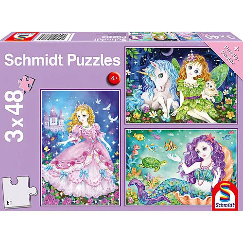 Schmidt Puzzle Prinzessin, Fee & Meerjungfrau (3x48)