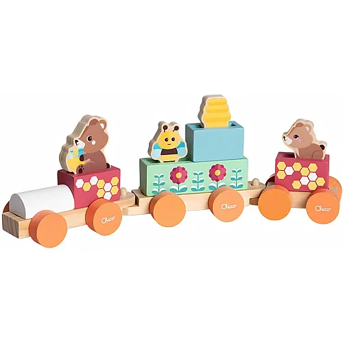 Chicco Holzspielzeug, Teddyb�r-Zug, Montessori-Spiel, 3 Exklusive Figuren, 5 farbige Bl�cke, Zug mit 3 freilaufenden Waggons