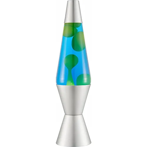 Lampe, gr�nes Wachs, blaue Fl�ssigkeit, silberner Sockel