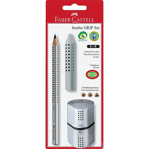 Faber-Castell 111996 - Bleistiftset Jumbo GRIP 2001, mit Bleistift B, Radierer und Spitzer, silber