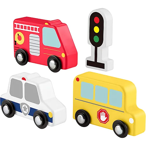 Mein Holzauto-Set f�r Kleinkinder, 4-teiliges Holzset mit Feuerwehrauto, Schulbus und Polizeiauto f�r Kinder ab 2 Jahren, JCY32