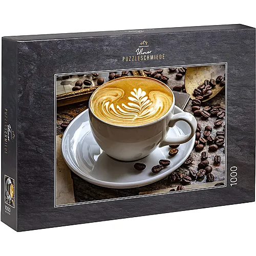 Ulmer Puzzleschmiede Tasse Kaffee Latte mit Bohnen vor Vintage-Hintergrund - 1000 Teile