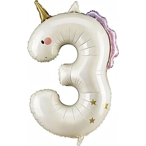 PartyDeco Folienballon Zahl 3 Einhorn mit hellrosa & goldigen Details
