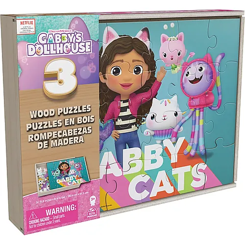 Spin Master Gabby's Dollhouse 3 MIAU-tastische Puzzle-Motive mit Stabiler Holzbox (24Teile)