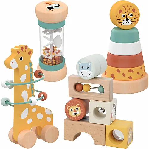 Nene Toys Spielzeug ab 1 Jahr � Montessori Baby Holzspielzeug 4-in-1 Set mit Klangbausteinen, Regenmacher, Stapelturm &