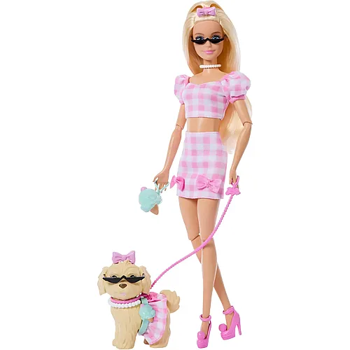 Barbie Signature Looks Puppe mit H�ndchen im Partnerlook mit rosa Gingham-Outfits