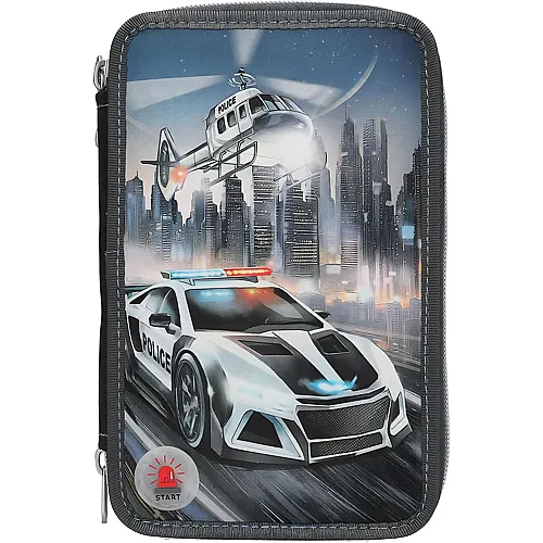 Depesche Monster Cars - Gef�llte 3-Fach Federtasche in Grau, mit LED-Effekt und Polizei Motiv, Federmappe mit Buntstiften