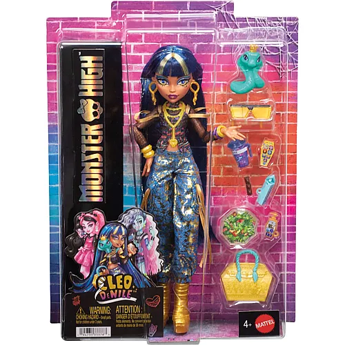 Mattel Monster High Cleo de Nile in Crop-Top und Goldener Jeans-Cargohose mit Haustierschlange Hissette