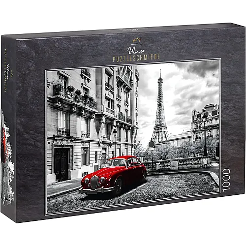 Ulmer Puzzleschmiede Nostalgisches Paris mit rotem Auto und Eiffelturm als Hintergrund (1000Teile)