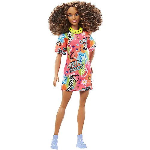 Barbie Fashionistas Puppe mit athletischem Krperbau T-Shirt-Kleid mit Graffiti-Druck