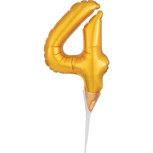 Amscan Folienballon Zahl 4 gold 15cm Kuchendeko mitHalter im Beutel