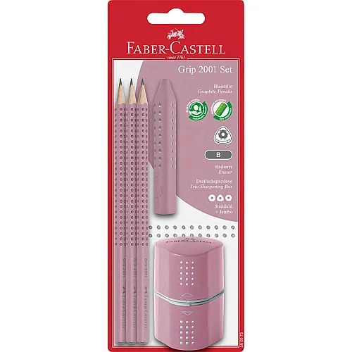 Faber-Castell Bleistifte Set Grip 2001, mit 3 Bleistiften, Radiergummi und Spitzer Rosa - 5 Teile