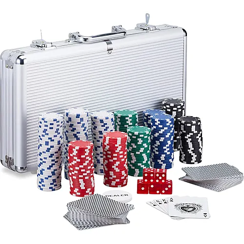 Pokerkoffer, 300 Laser Pokerchips, 2 Kartendecks, 5 Würfel, Dealer Button