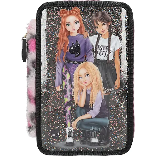 Depesche TOPModel Rebel Kitty - Gef�llte 3-Fach Federtasche in Schwarz, mit Model Motiv, Glitzer und Leo-Fell, Federmappe mit