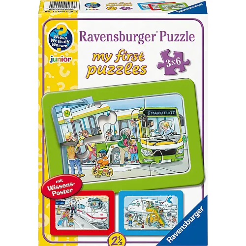 Ravensburger Puzzle 3in1 Unterwegs mit Bus, Bahn und Flugzeug - 6 Teile