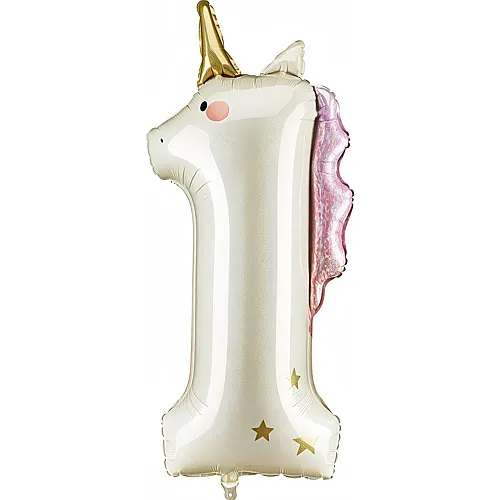 PartyDeco Folienballon Zahl 1 Einhorn mit hellrosa & goldigen Details