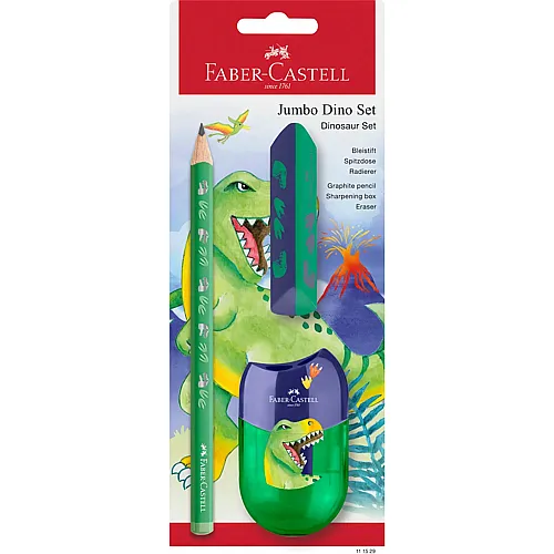 Faber-Castell Schreibset Dino mit Jumbo Bleistift, Spitzer und Radiergummi (3Teile)