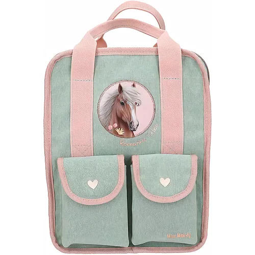 Depesche Miss Melody Romantic Fields - Rucksack in Gr�n und Rosa, mit Pferde Patch und Glitzer, Tasche mit verstellbaren