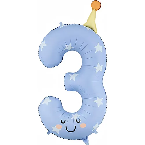 PartyDeco Folienballon Zahl 3 Smiley's blau