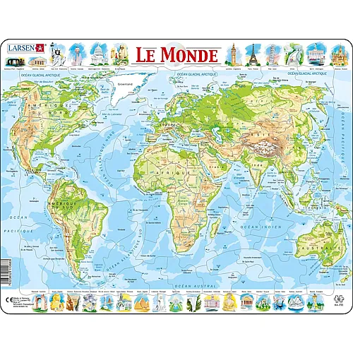 Larsen Puzzle La Carte Physique du Monde - 80 Teile