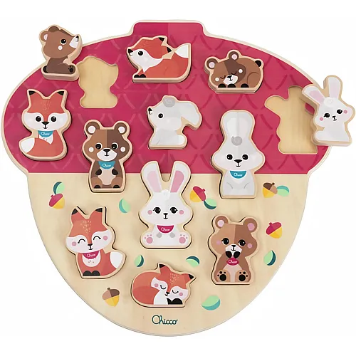 Chicco Sammelset mit 12 Holzfiguren, Montessori-Spiel, 3 Tierfamilien, kompatibel mit den My Wood Friends-Spielsets