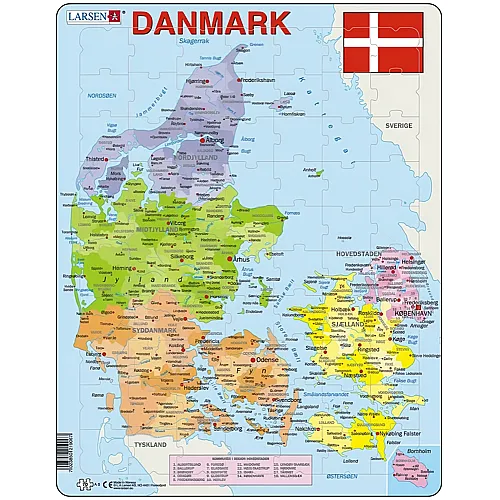 Larsen Puzzle Karte von Dänemark (auf Dänisch) - 70 Teile