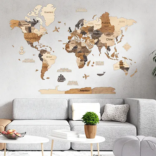 Creatif Wood Carte DU Monde 3D Multicolor XL 200x130cm