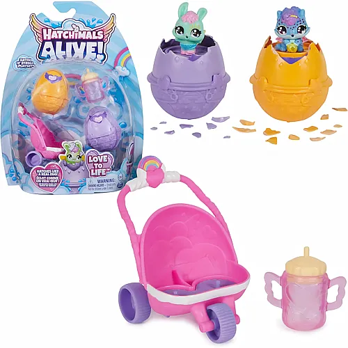 Spin Master Hatchimals Alive Zwillingswagen Spielset - mit 2 Mini-Figuren in selbstschl�pfenden Eiern und 3 Accessoires f�r fantasievolles Rollenspiel, Spielzeug f�r Kinder ab 3 Jahren