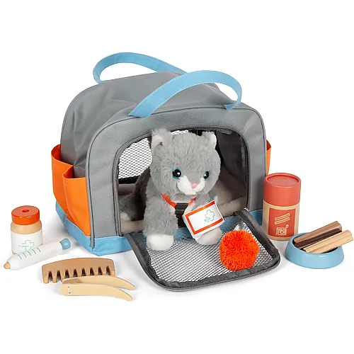 Katze mit Tasche und Pflege-Set