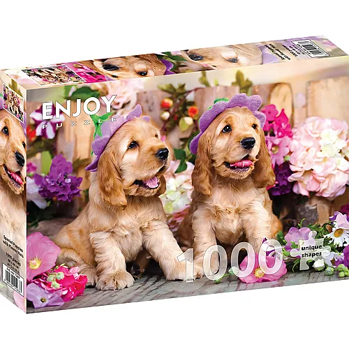 Enjoy Puzzle Spaniel Welpen mit Blumenh�ten - 1000 Teile