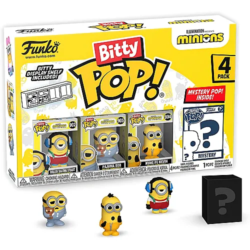 Funko Bitty Pop! Minions Roller Skating Stuart, Pajama Bob, Kung Fu Kevin und Mystery - 4 Teile