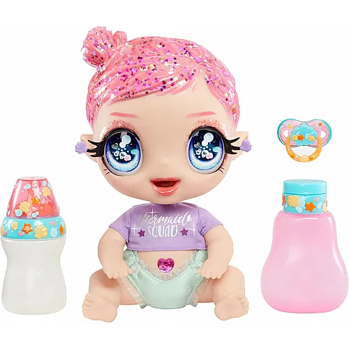 Glitter Babyz MGA Marina Finley - Babypuppe mit 3 magischen Farbwechseln durch eiskaltes Wasser, Pinkes-Glitzer-Haar, Meerjungfrauen Outfit, Windel, Flasche und Schnuller - F�r Kinder ab 3 Jahren