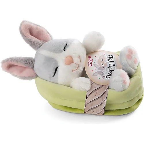 Hase schlafend im K�rbchen Grau 12cm