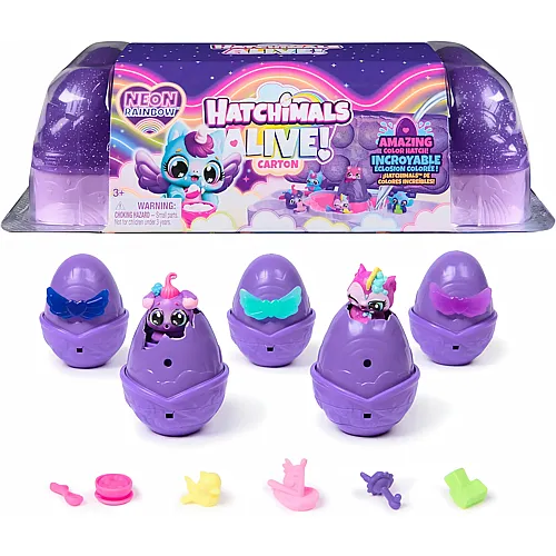 Spin Master Hatchimals Alive Neon Rainbow Eierkarton Spielset - mit 5 selbstschl�pfenden Eiern und 11 Accessoires f�r fantasievollen Spielspass, f�r Kinder ab 3 Jahren