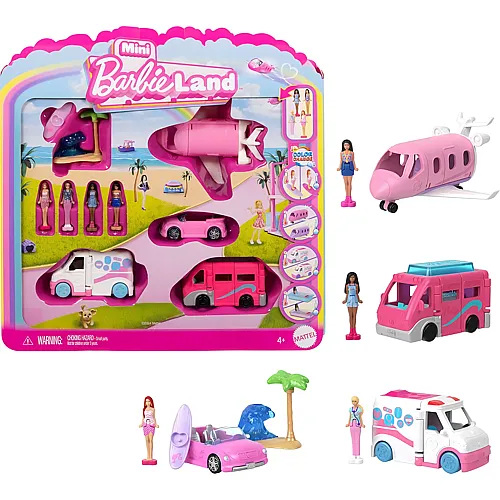 Mini BarbieLand 4er-Set Puppen- und Spielzeugfahrzeugset