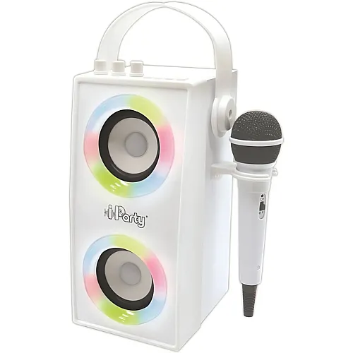Lexibook Iparty weisser tragbarer Bluetooth-Lautsprecher mit Mikrofon und tollen Lichteffekten