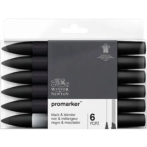 Winsor & Newton Promarker 6er Set 5 Schwarz + Blender