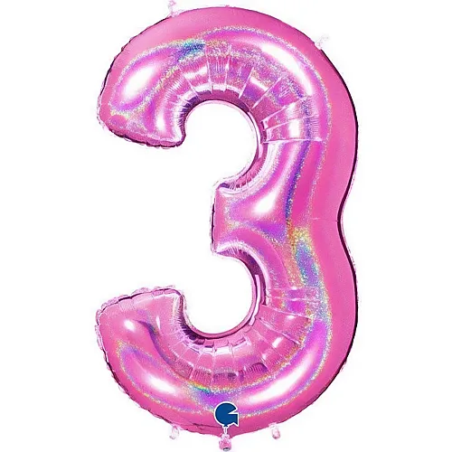 Foil balloon number 3 glitter, holographic pink - 102 cm