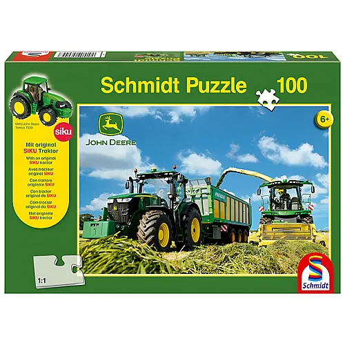 Schmidt Puzzle John Deere 7310R Traktor mit 8600i Feldhcksler inkl. Siku Traktor (100Teile)