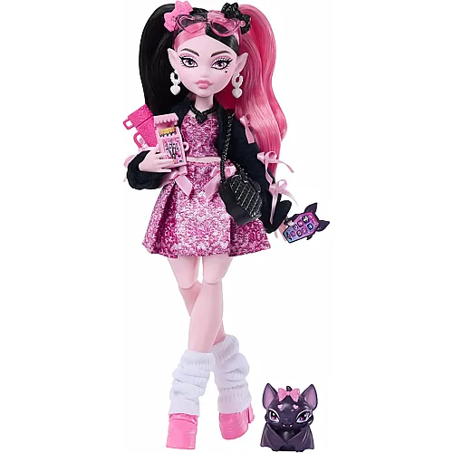 Draculaura mit rosa Kleid mit Schleifen und schwarzer Strickjacke