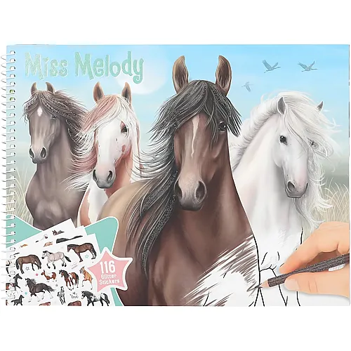 Depesche Miss Melody - Malbuch mit 44 Seiten zum Gestalten von Pferde-Motiven, inkl. Stickerbogen