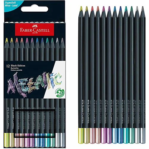 Faber-Castell 116415 - Bleistifte Set Black Edition Metallic, 12 Farbstifte, Malstifte f�r helles und dunkles Papier
