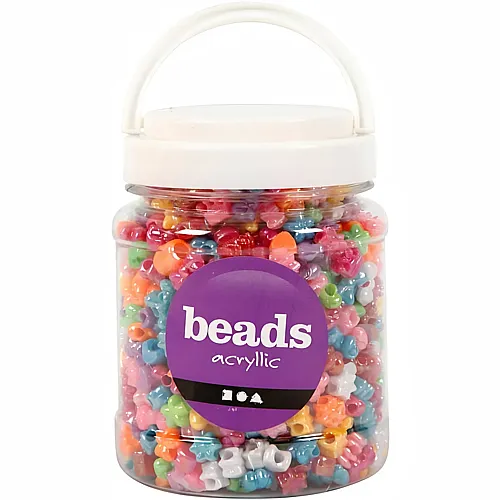 Shape beads in a bucket, acrylic, 1100 pieces.