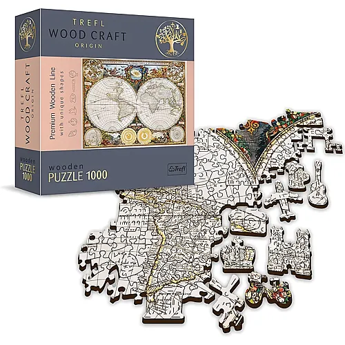 Trefl Land- und Wasserkarte der ganzen Erde von 1630 (Holzpuzzle), Antike Weltkarte Puzzle, 1000